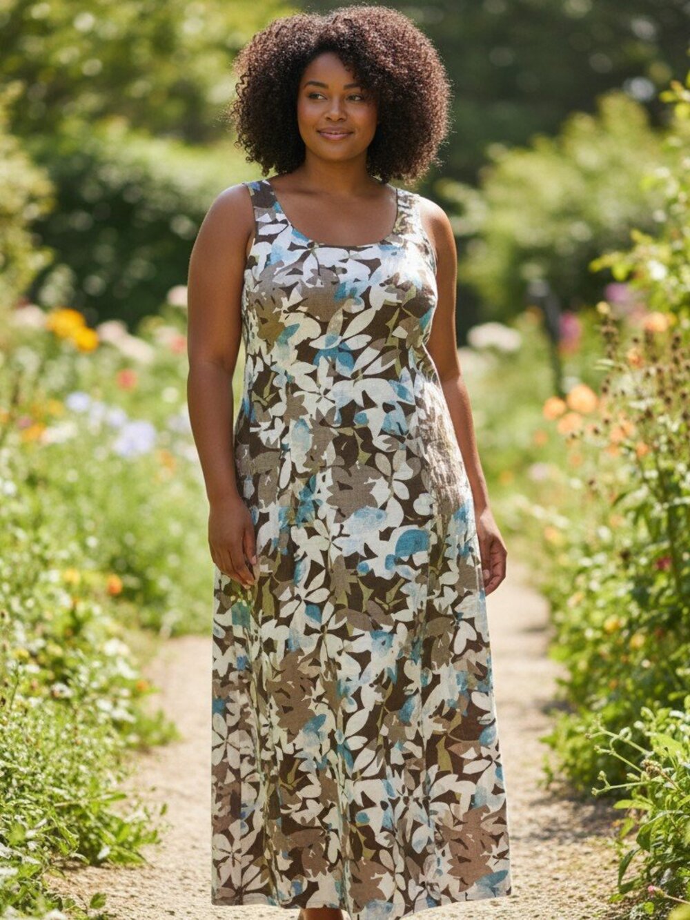 J. Jill Floral Lightweight Cotton Midi/Maxi Sun Dress White Brown Blue Green 12T